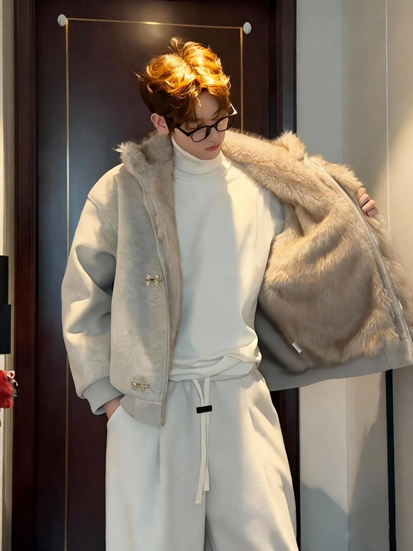 

American High Street Thiened Winter Cotton Jaet Men's ort Sle Wool Collar Airplane Buttoned Coat Youth Casual Faion