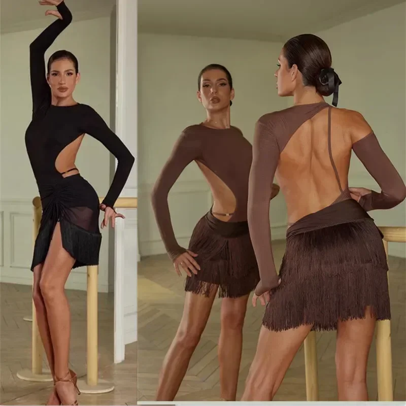 بدلة قفز سوداء بدون ظهر للرقص اللاتيني بدلة رقص يوتار ملابس تدريب لاتينية ملابس سامبا رومبا تشاتشا للسيدات