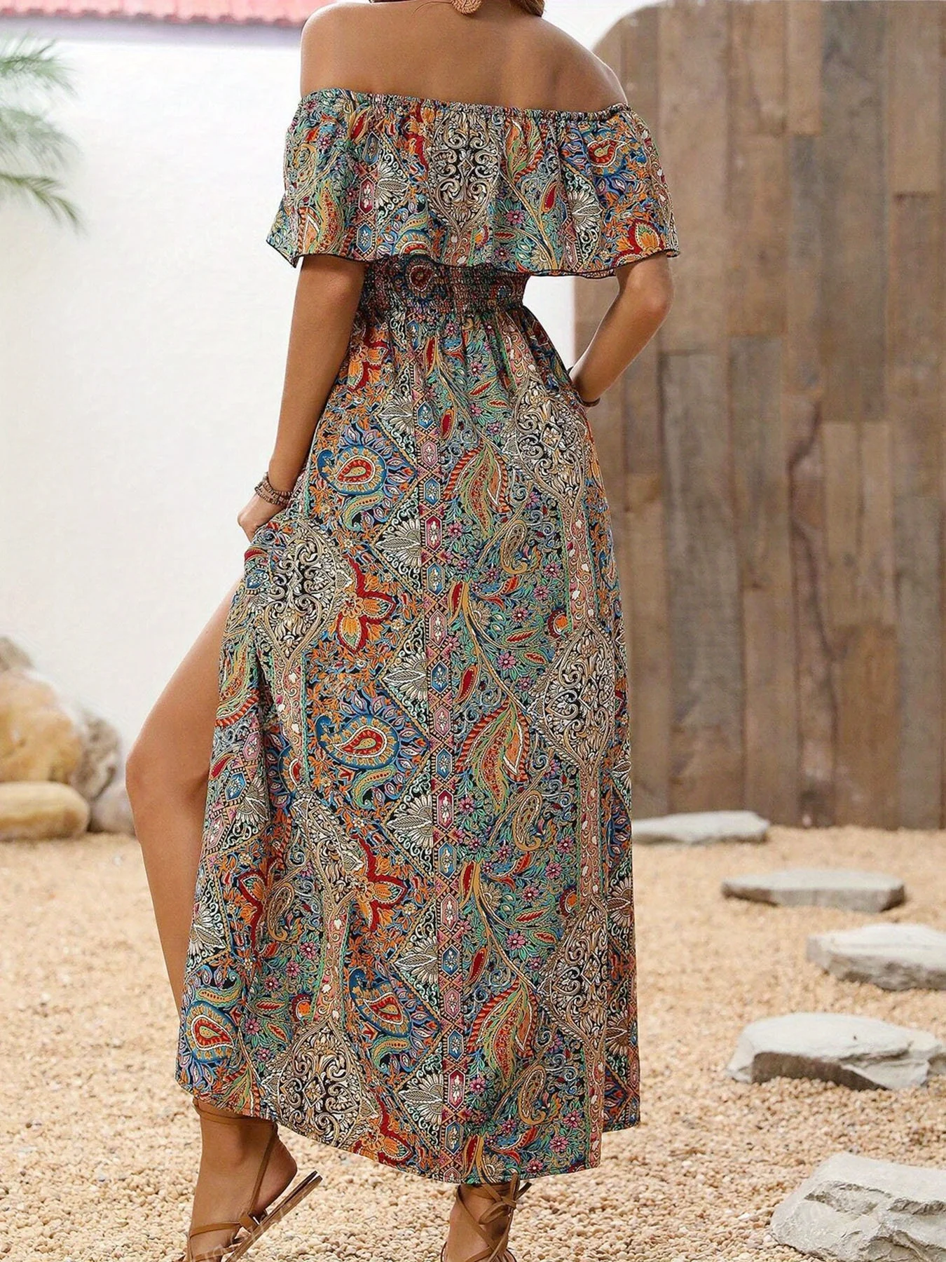 Women's Elegant Off-Shoulder Maxi Dress with Paisley Print – Perfect for Summer Vacations and Parties