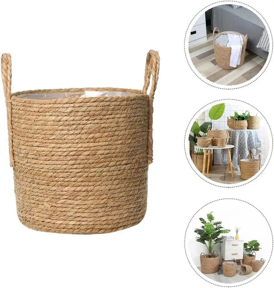 Cesta de Mimbre de Bambú Tejida a Mano de Estilo Nórdico, Maceta de Pasto Marino para Flores y Hierba, Plantas Artificiales Tejidas y Vegetación Verde