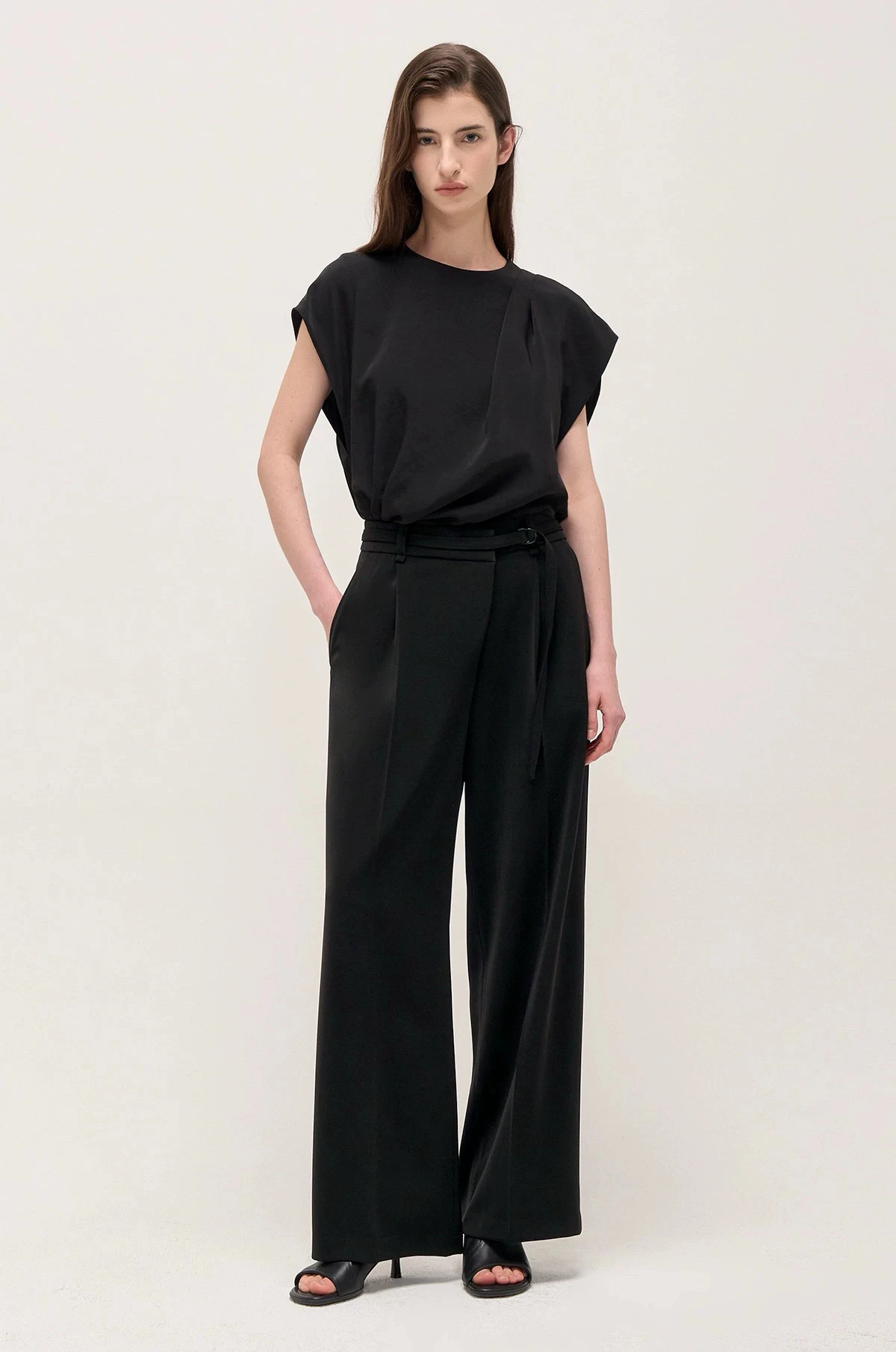 韓国風シングルE 25 サマーラウンドネックプリーツデザインベルト付き半袖ストレートレッグパンツセット レディースファッション 春秋セット