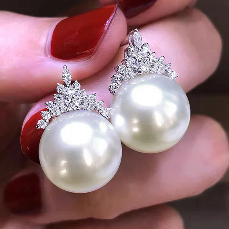 Huitan Luxury Imitation Pearl Drop Earrings Lady Engagement Accessories with Shiny Zirconia Delicate Elegant Jewelry for Wedding