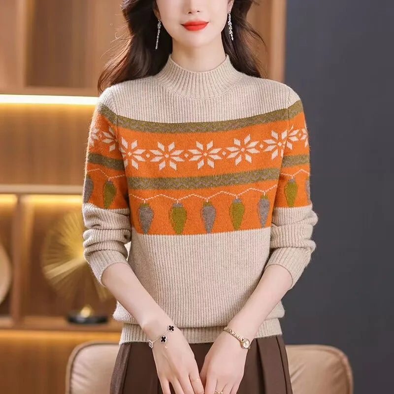 New Autumn/Winter Fashion Korean Edition Color Block Jacquard Half High Neck Loose and Versatile Western Women's Knitted Sweater