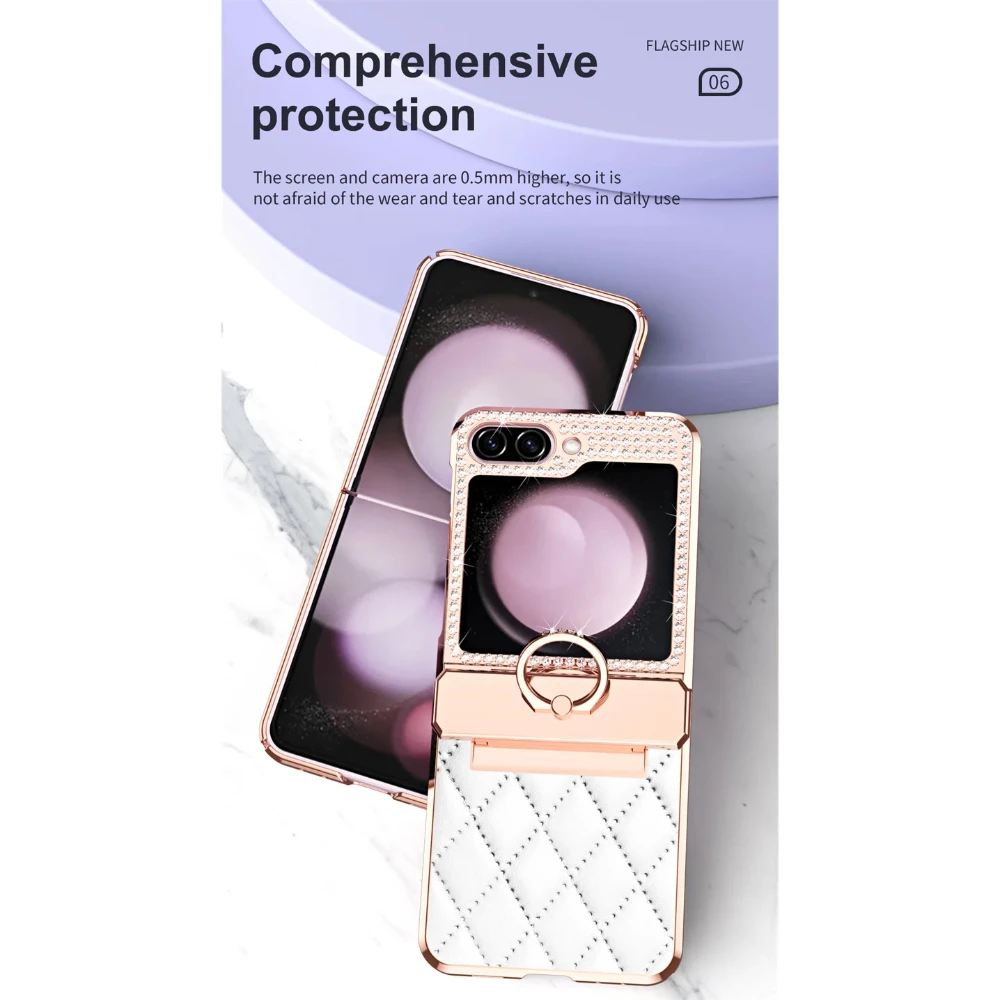 Skórzane etui na telefon z brokatowym diamentowym zawiasem, odporne na wstrząsy etui ochronne z pierścieniem do Samsung Galaxy Z Flip 6 5 4 3 5G — zdjęcie produktu 6