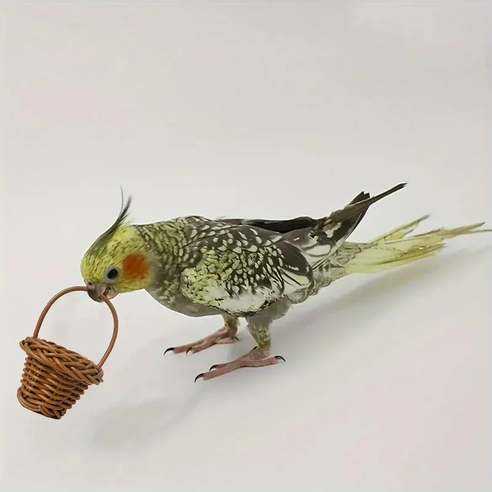 2 Pcs/Set Imitation Rattan Mini Basket Shape Bird Bite Chew Toy Cute Teething Toys for Small Animal Pet Parrot Cage Accessories