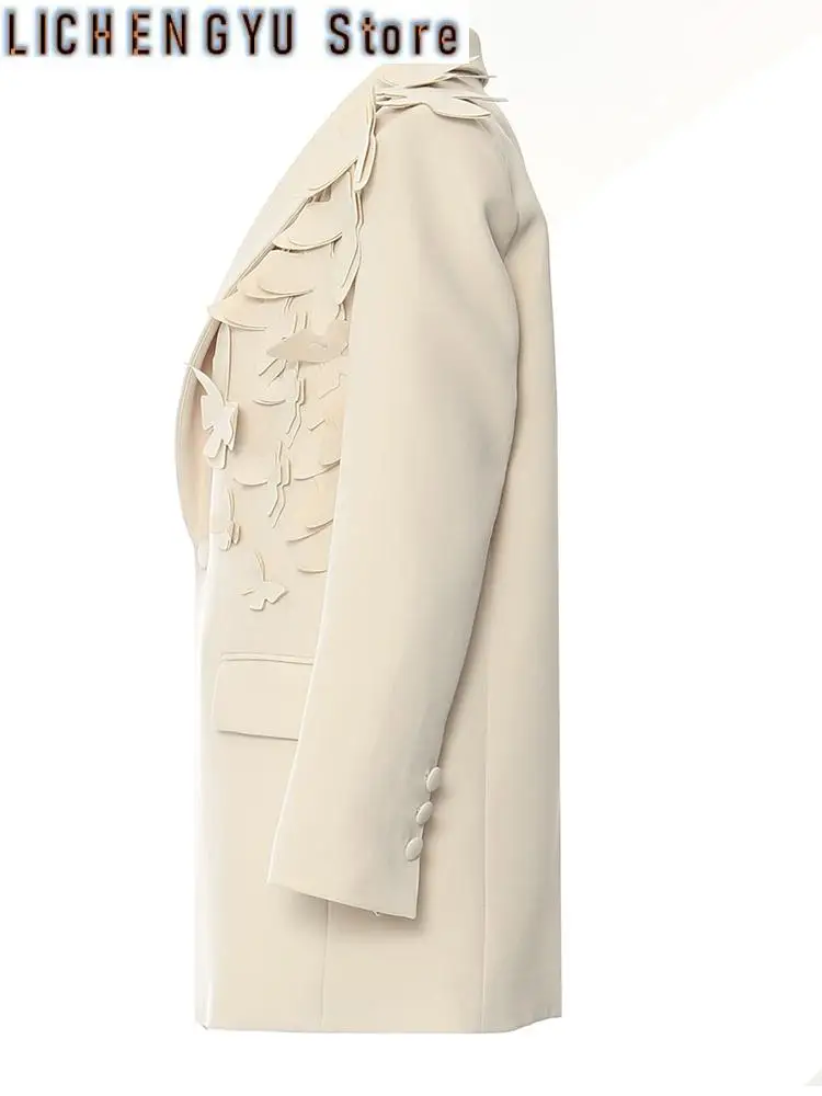Women Apricot Butterfly Big Size Elegant Blazer New Lapel Long Sleeve Jacket Fashion Tide Spring Autumn