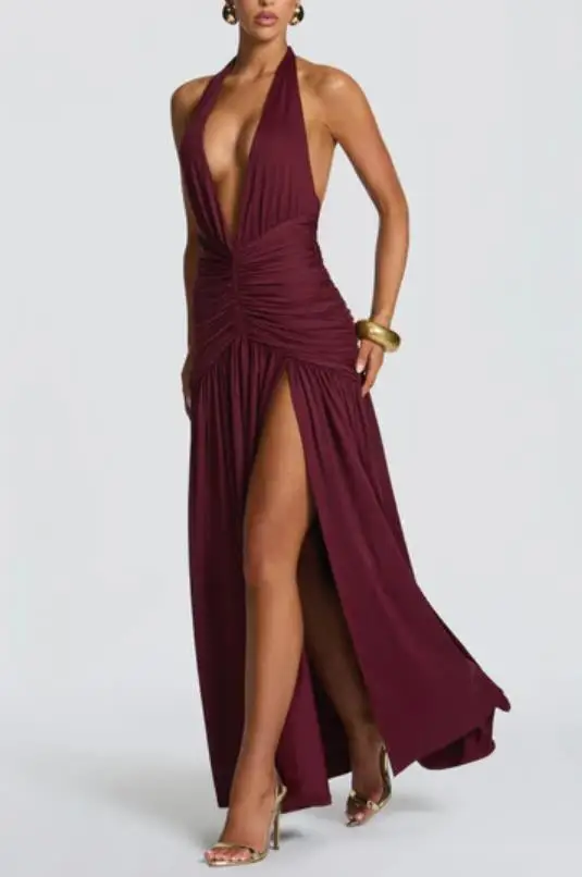 

2026 Autumn/summer Women's Elegant and Sexy V-Neck Slit Hanging Neck Long Skirt Party Evening Dress