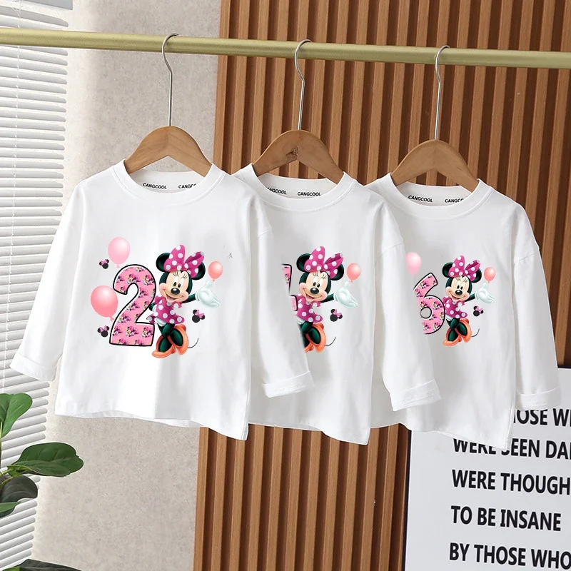 Minnie Mouse Children Birthday T-shirt Long-sleeved Tops Spring/autumn Clothing Kids Bottoming Shirt Crewneck Girl Blouse Gift