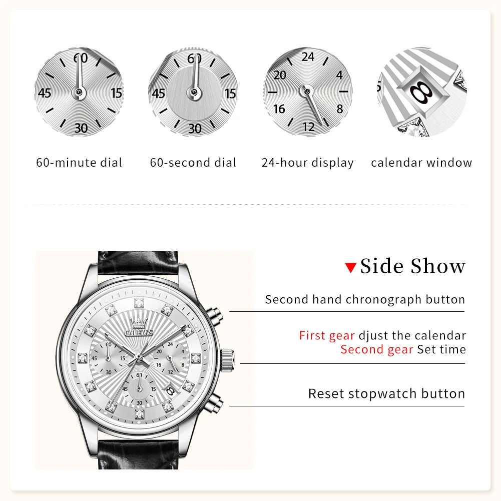 OLEVS Fashion Chronograph Women Watch Top Brand Luxury Leather Strap Waterproof Sport Quartz Watches For Women Date Watch Montre