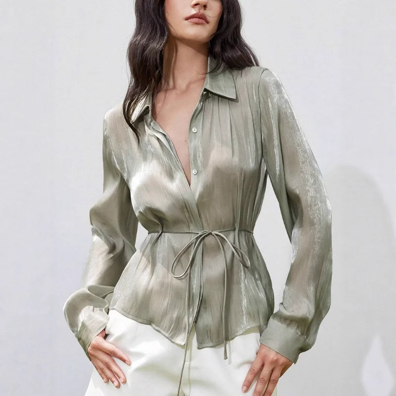 

Women's New Style Elegant Belted Waist Design Cardigan Satin Shirt Top