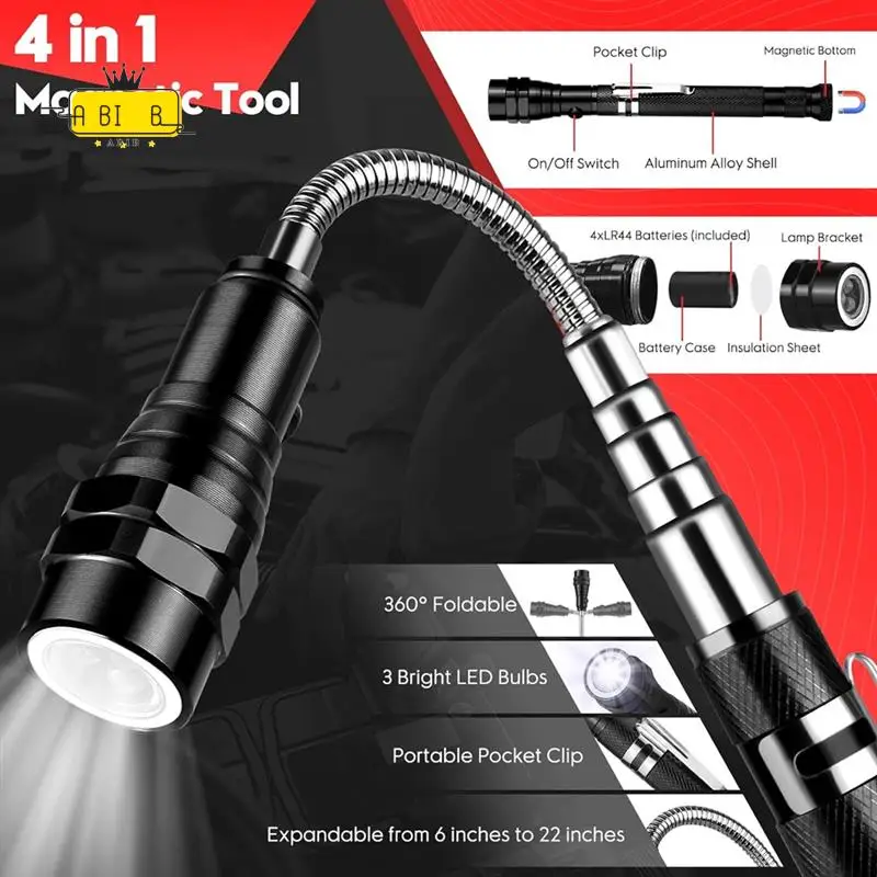 

ABIB -Telescoping Magnetic Pickup Tool Set, Extendable Inspectionmirror LED Lighted For Checking Observing Vehicle Small