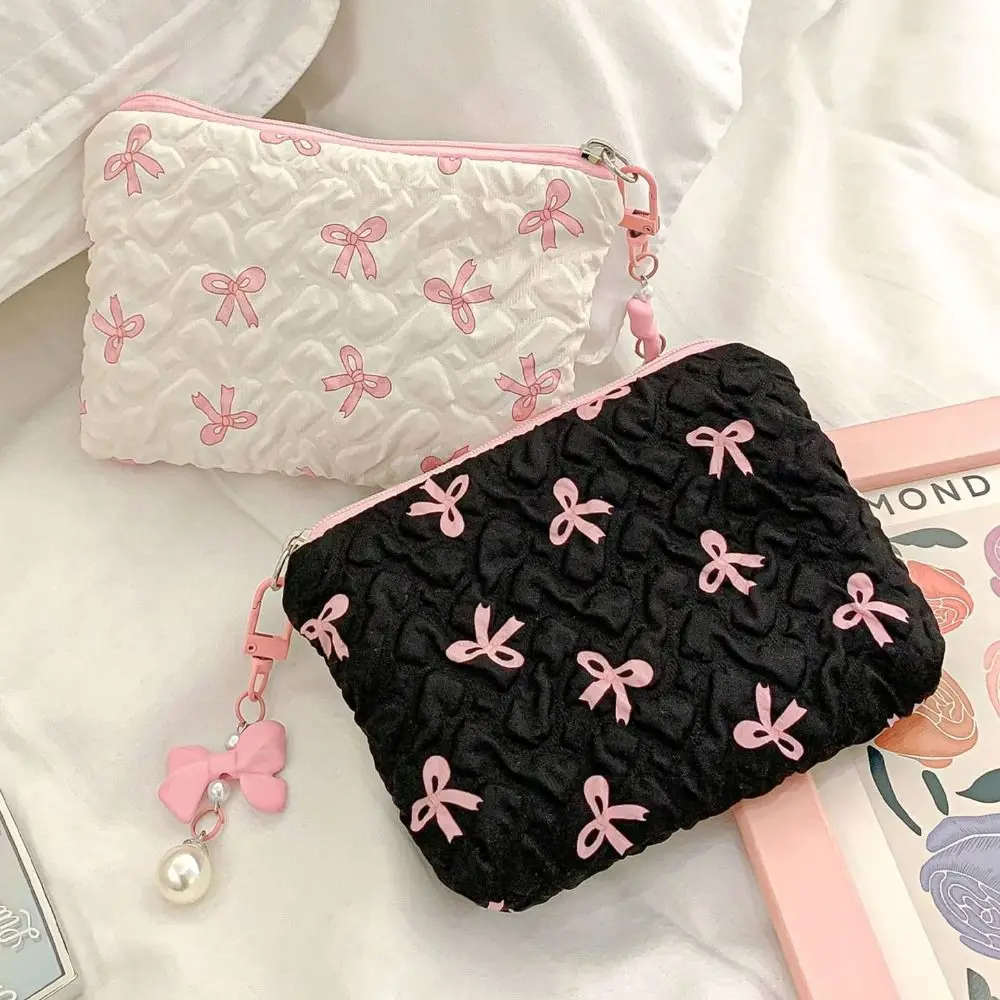 Travel Wash Bag Bow Pendant Bow Cosmetic Bag Zipper Lager Capacity Balletcore Makeup Bag Korean Style Coin Purse Men