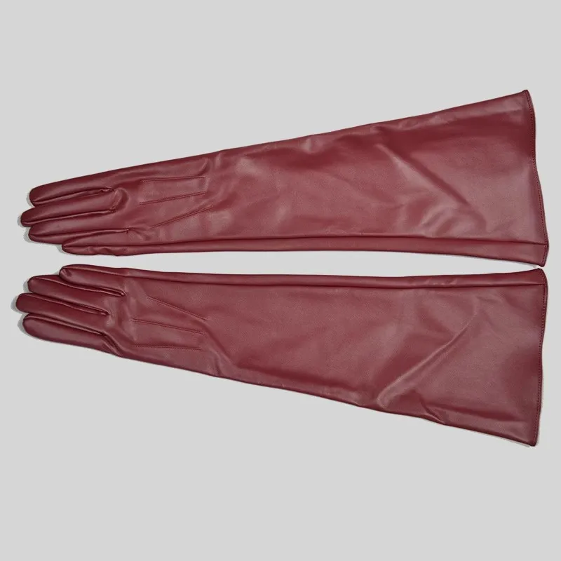 Women\'s Runway Fashion Wine Red PU Leather Long Glove Lady\'s Club Performance Formal Party Dancing Glove 50cm R1726