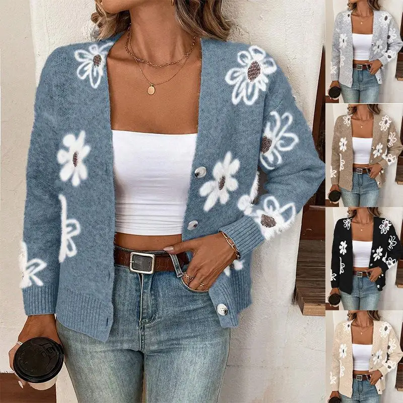 

Floral Pattern Front Open Cardigan Loose Fit Women's Sweater Polyester Fiber Printed Summer Thin Casual Faion College Sle