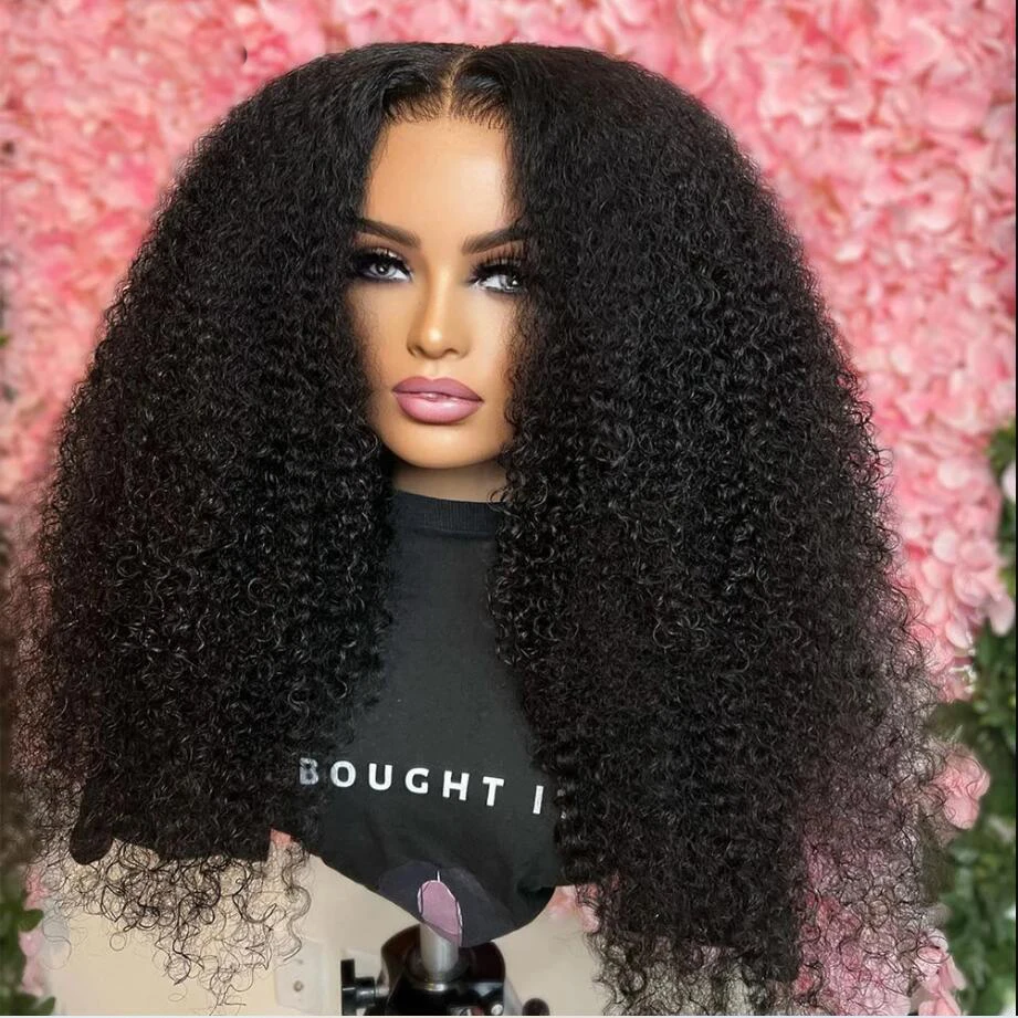 Perruque Lace Front Wig sans colle bouclée et crépue, 26 pouces, noire, naturelle, douce, avec baby hair, pre-plucked, pour femmes, densité 180