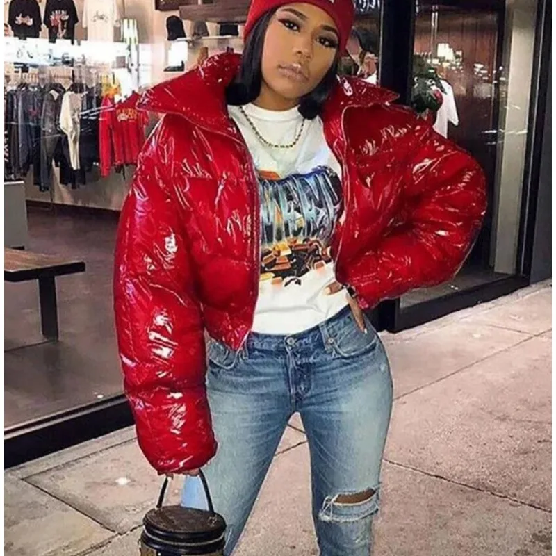 New solid-color mirror-finish PU leather stand-up collar cardigan tucked cotton-padded jacket women's clothing autumn and winter