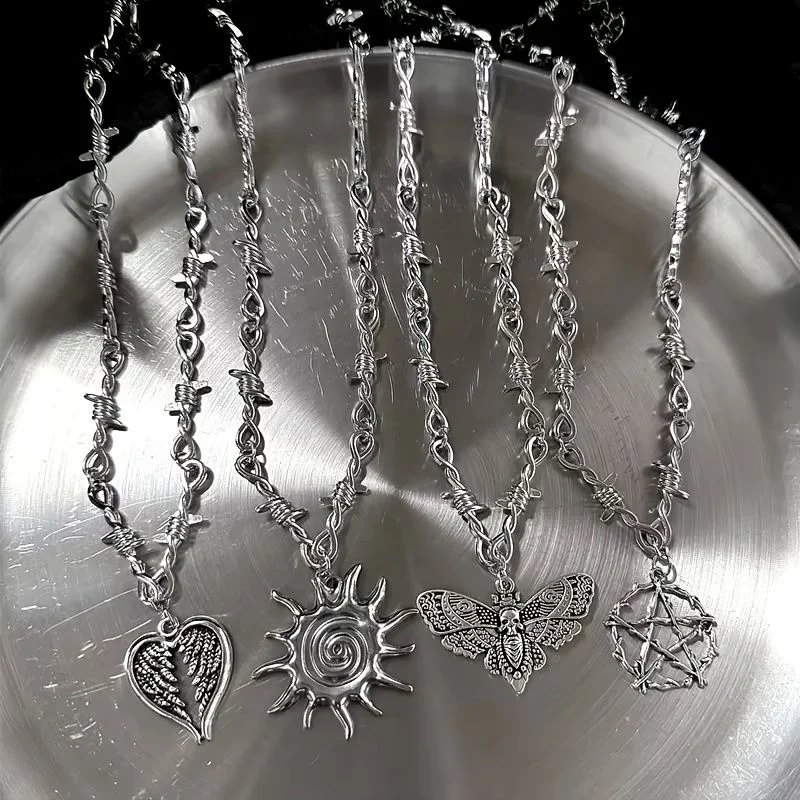 4Pcs Gothic style barbed wire chain necklace set silver barbed chain feather heart spiral sun moth pentagram pendant jewelry