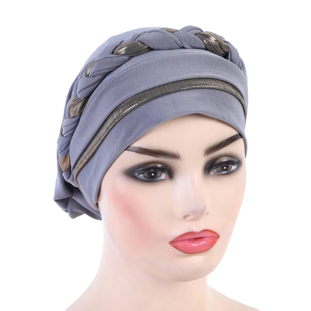 Women Muslim Braid Hijab Hat Shimmer Turban Chemo Cap Islamic Headscarf Beanie Bonnet Hair Loss Bandanas Headband Turbante Mujer