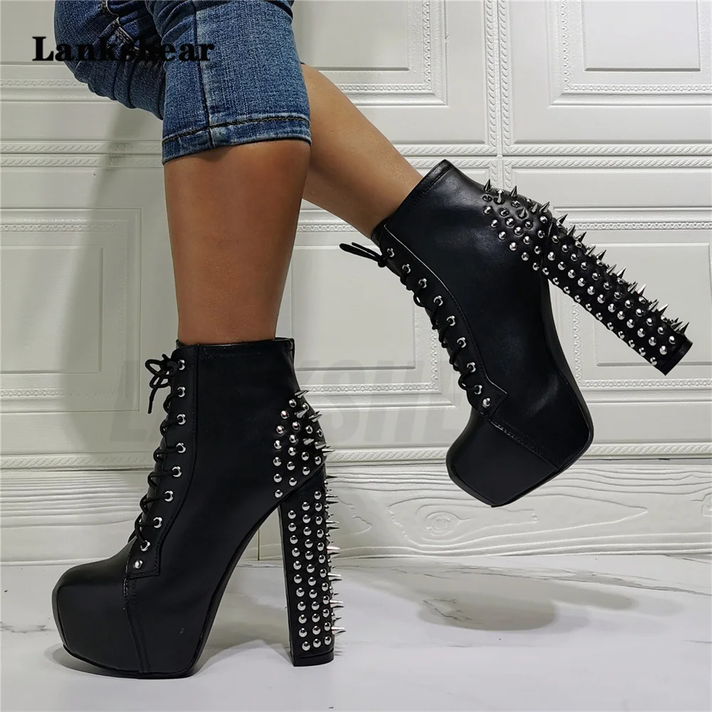 

Women's Ankle Boots with Rivets and Thick Heels Women Punk Shoes Platform High-Heel Boots Chunky Motorcycle Black Autumn Boots