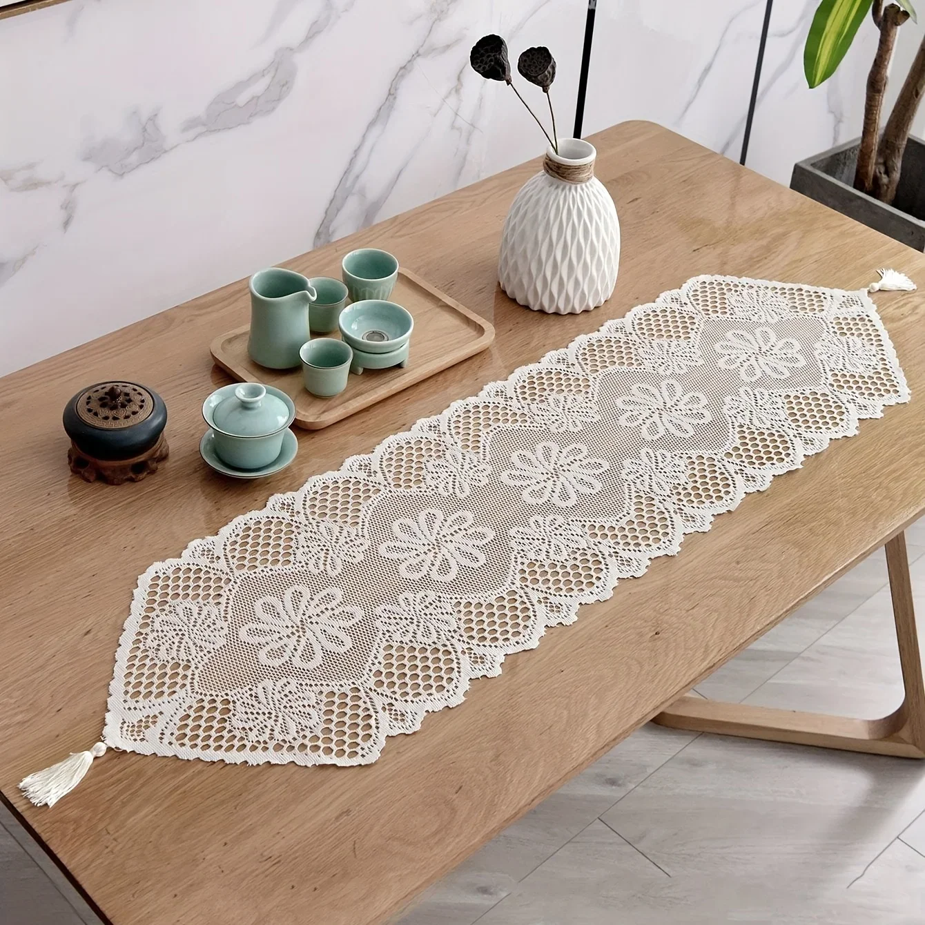 1pc/3pcs/5pcs-Polyester Table Runners, European Hollow Lace Table Cloth, Simple Style Solid Color Table Cover, Home Decoration