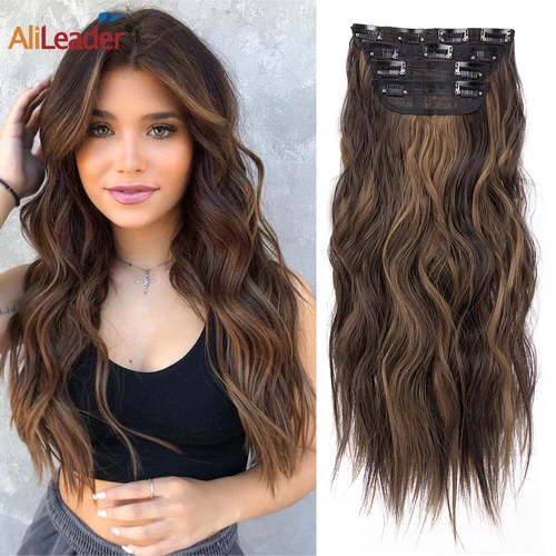Extensiones de cabello sintético con 11Clips para mujer, postizos largos, ondulados y gruesos, resistentes al calor, 4 Uds.