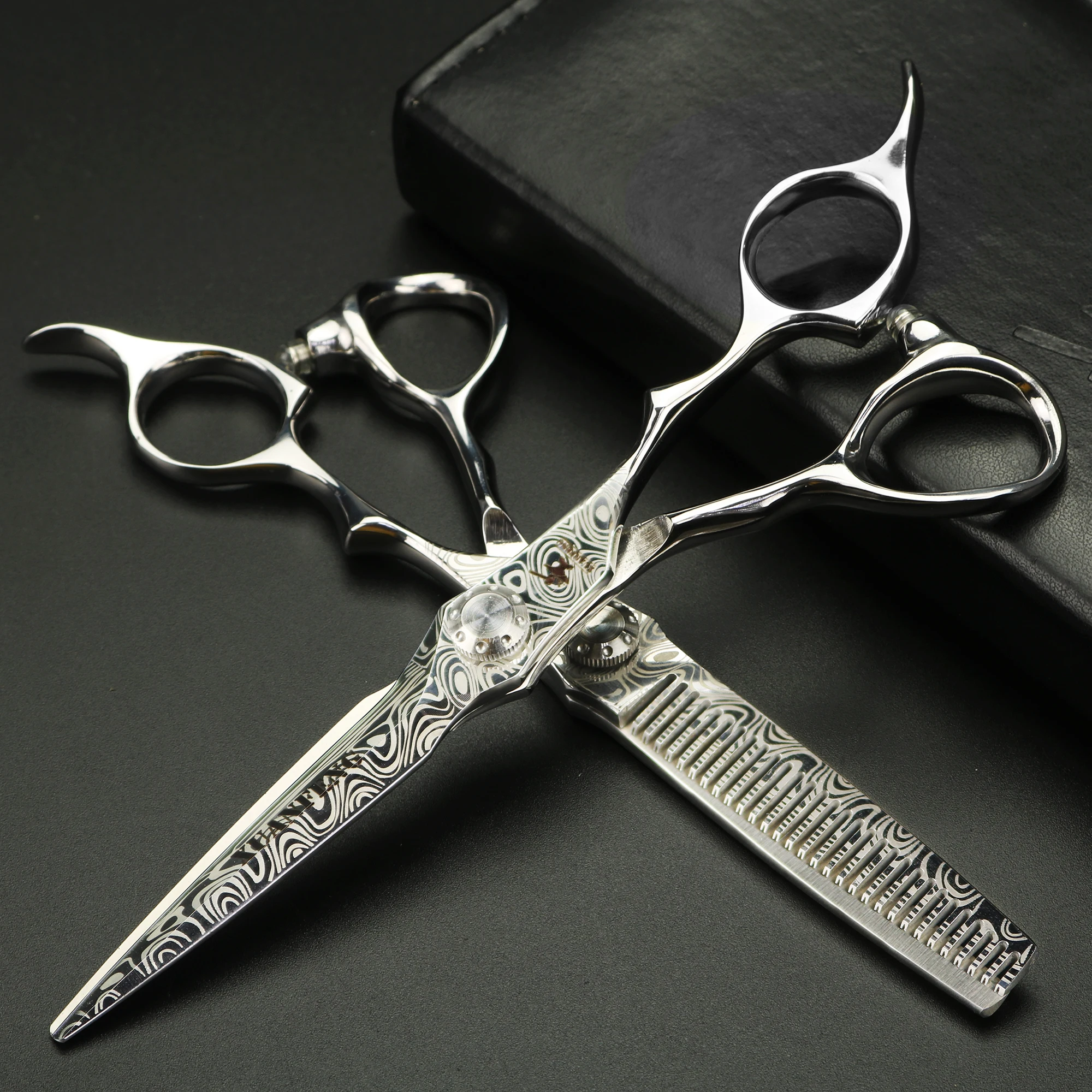 Damascus barber cutting and thinning scissors 6 inch Japanese 440C steel hair scissors