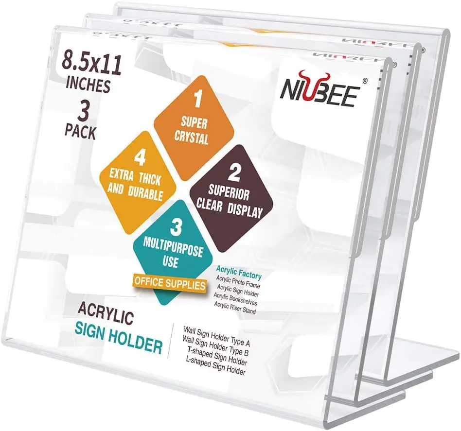 

Acrylic Sign Holder 8.5x11 Inches 3 Pack, Slant Back Clear Paper Frames, Plastic Flyer Display Stand for Office Store Restaurant