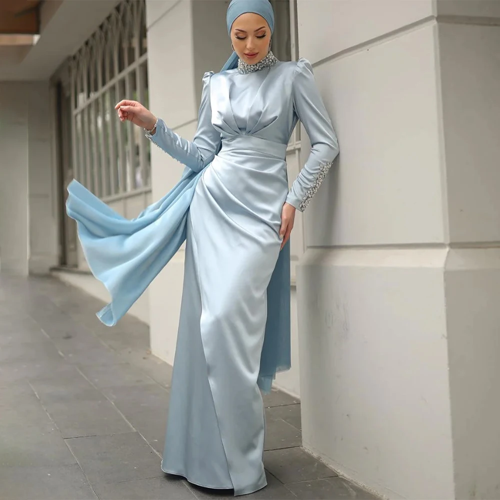 

Baby Blue Wedding Guest Dresses for Women Crystal Hight Collar Moest Formal Gowns Long Sleeves Column Satin Evening Dress 2024