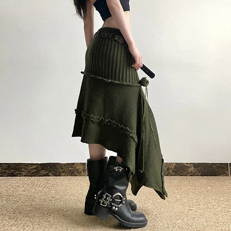 Green Grey Flower Irregular Knitting Midi Long Skirts Solid Grunge Style Casual Solid Low-Waisted Knitted Autumn Winter Skirt