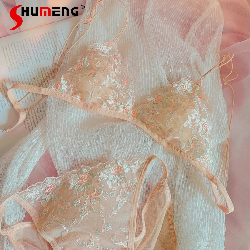 자수 레이스 언더와이어 속옷 여성 프렌치 섹시 순수 욕망 울트라 씬 브라 세트 아름다운 백 스트랩 브리프 세트 소녀용