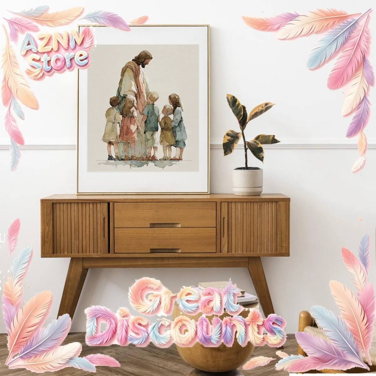 Jesus with Children Canvas Print Poster Vintage Religion Art Prints Living Room Wall Art Muslim Home Decor Poster Ramadan Gif