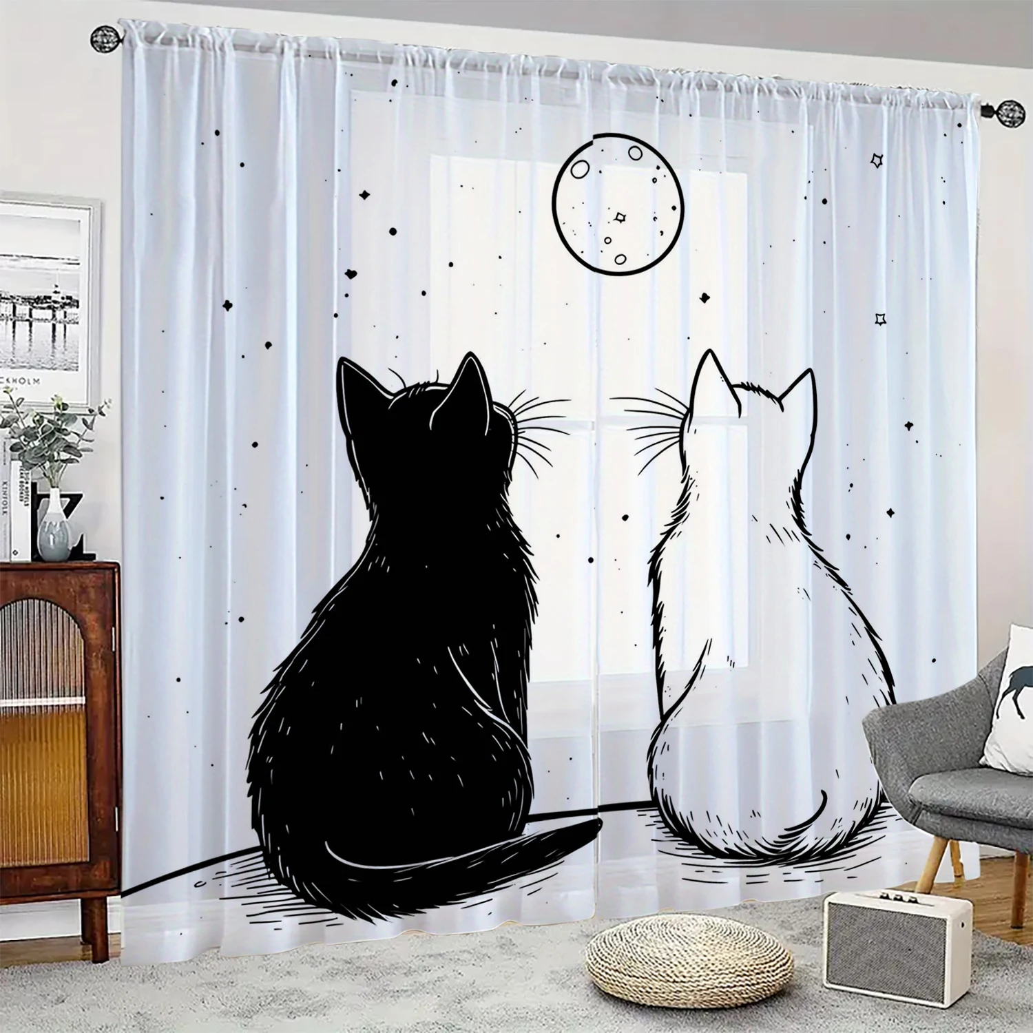 2 Pieces HD Digital Black and White Kitten Printed Window Screen Home Decor Style Decoration Living Room Window Curtain