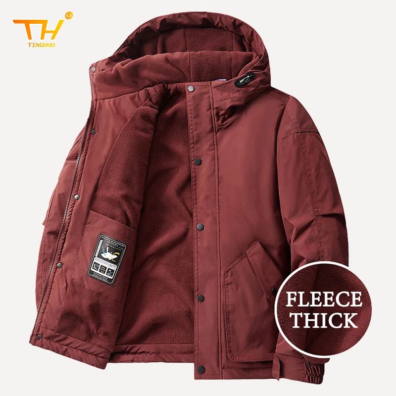 TINGHUO Jacket men in winter fleece thickened hooded men's jacket multi -pocket outdoor Parker coat