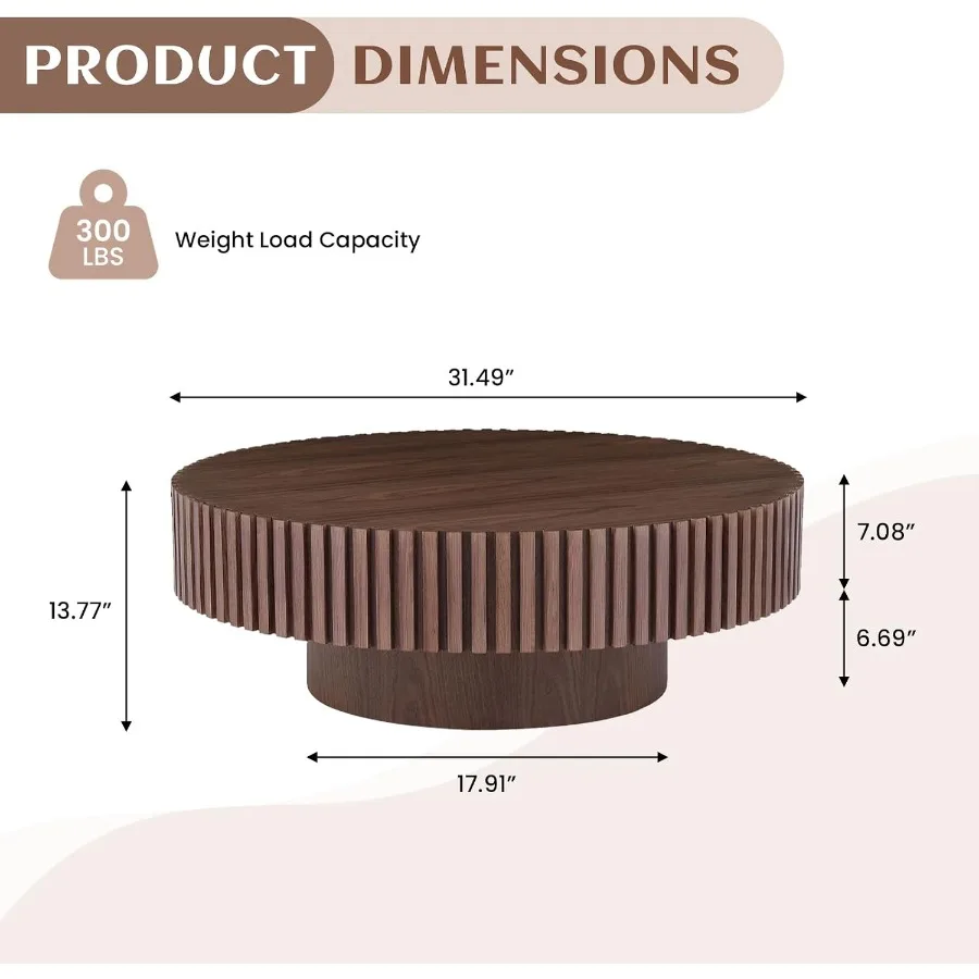 Coffee Table for Living Room, Small Space, Apartment: Round Wood, Modern Fluted Design, Contemporary Drum Circle Accent Table i