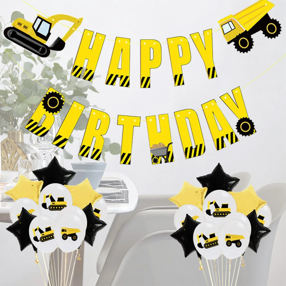 

25Pcs Happy Birthday Party Favors Balloons Set with Excavator Truck Design Golden Ribbons Pull Flag for Kids Garden Theme Party