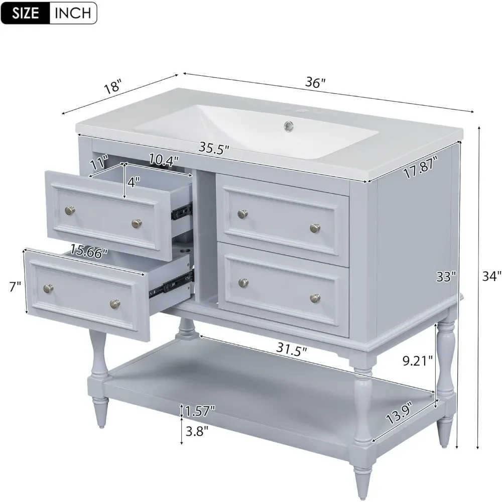 36" Bathroom Vanity with Sink, Farmhouse Bathroom Vanity Storage Cabinet with 4 Drawers and Open Shelf, Solid Wood Frame