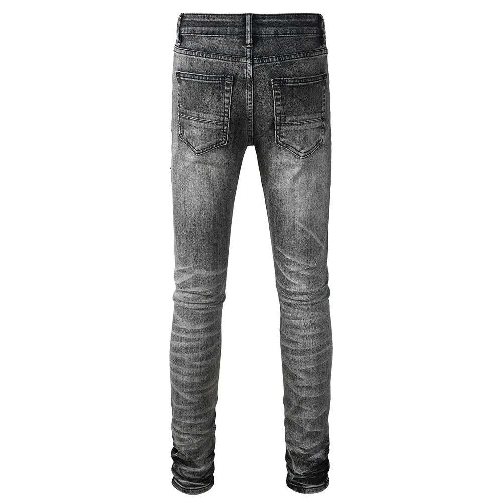 Men's Distressed Denim Jeans Streetwear Red Flannel Pleated Patch Gray Pants Skinny Tapered Stretch Spandex Trousers