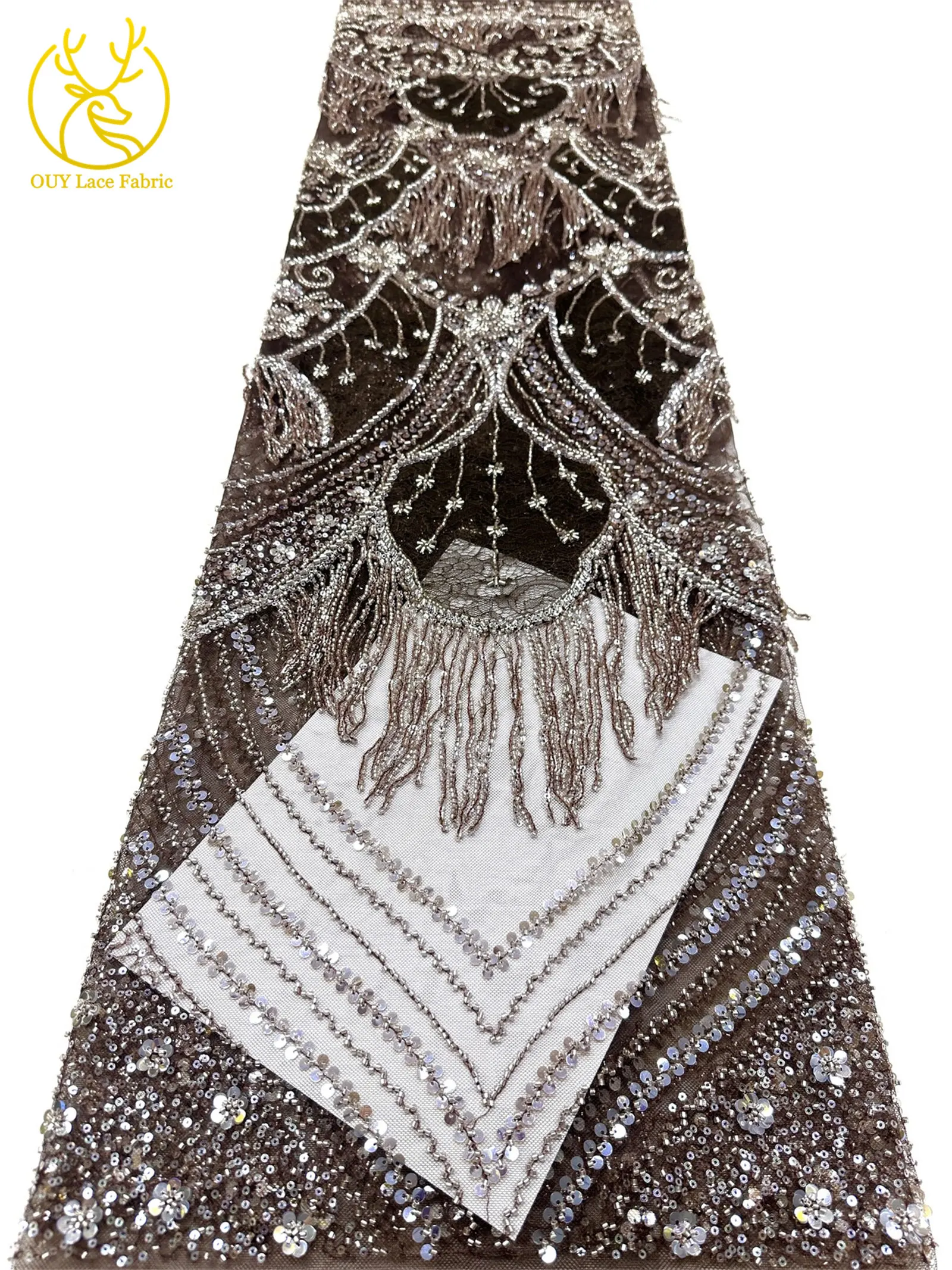 Neues Design 3D Laser Quasten-Perlen-Spitzenstoff Luxuriöser Hochwertiger Afrikanischer Pailletten-Spitzenstoff für Damen-Abendkleider zum Nähen – Detail 22