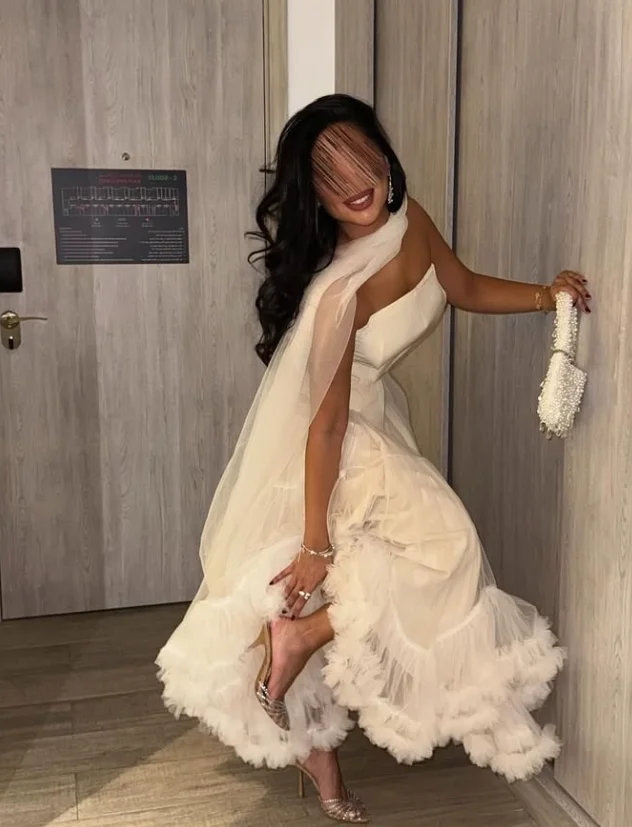 فستان نسائي مخصص عالي الجودة بدون حمالات بدون أكمام بطول الكاحل فستان أبيض من التل فساتين سهرة فساتين حفلات السهرة