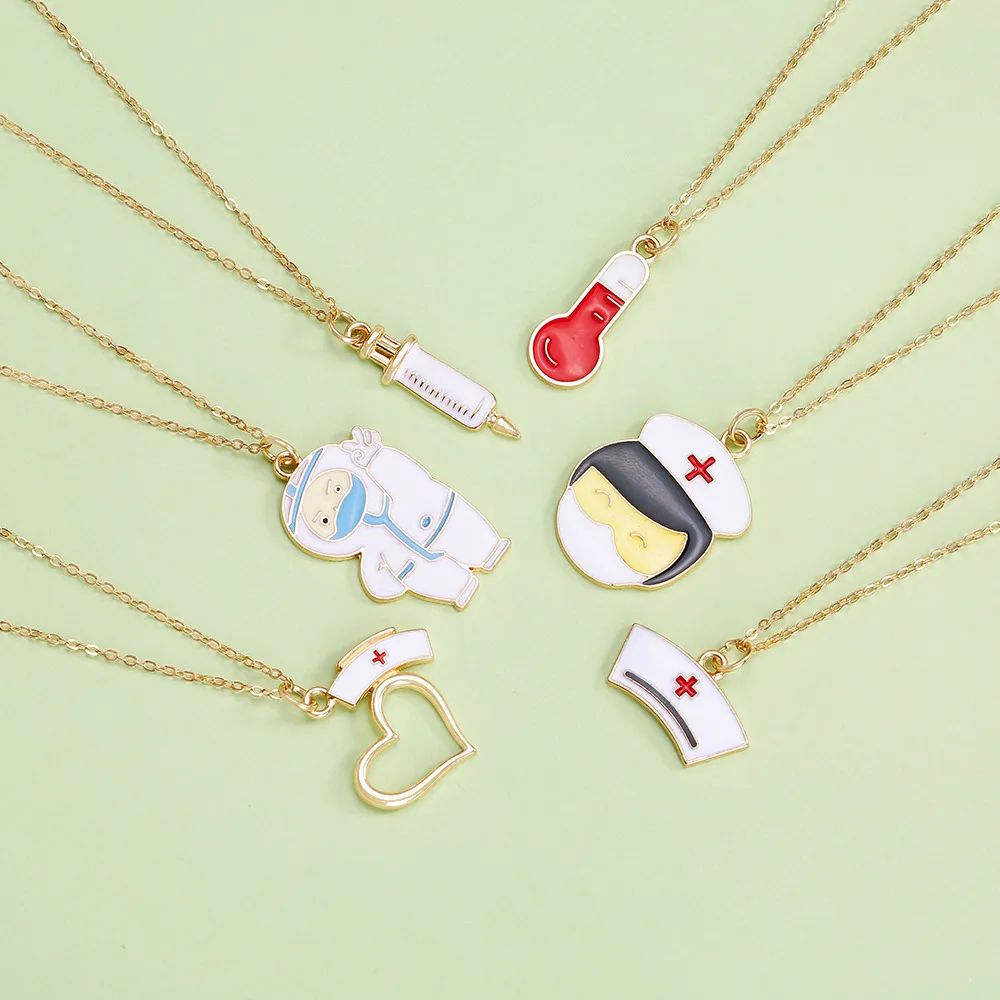 

European and American cute medical care creative jewelry, oil-dripping alloy nurse needle necklace, collarbone pendant