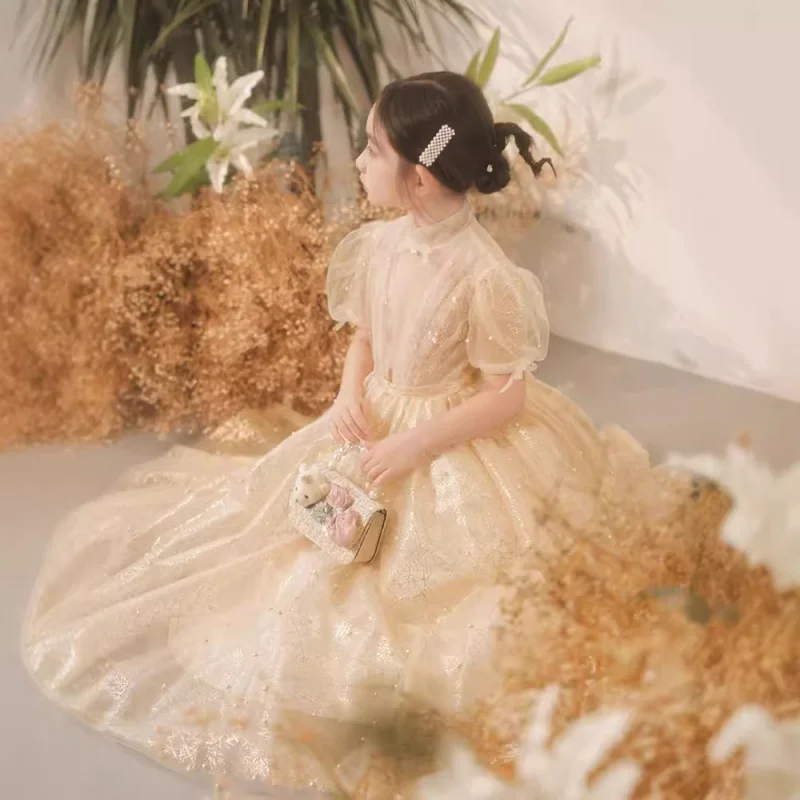 

Вечернее осеннее детское платье принцессы для девочек, элегантное милое пышное тюлевое платье для выступлений на фортепиано для маленького ведущего шоу