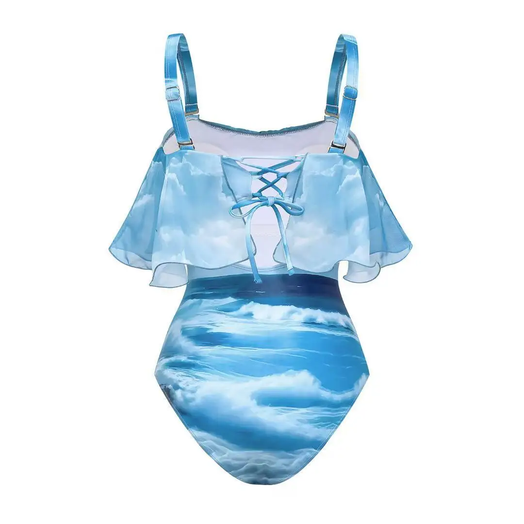 ฤดูร้อนชุดว่ายน้ํา One Piece Conservative Net-printed Ruffled ชุดว่ายน้ําสตรีสไตล์ชายหาดชุดเสื้อผ้าสตรี
