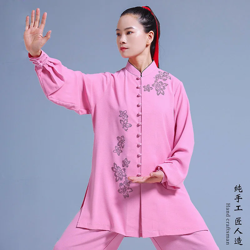 Women's Spring Autumn 2026 Tai Chi Outfit - Rhinestone Embellished Loose Flowy Stretch Linen Wushu Suit Set for Performance/Comp