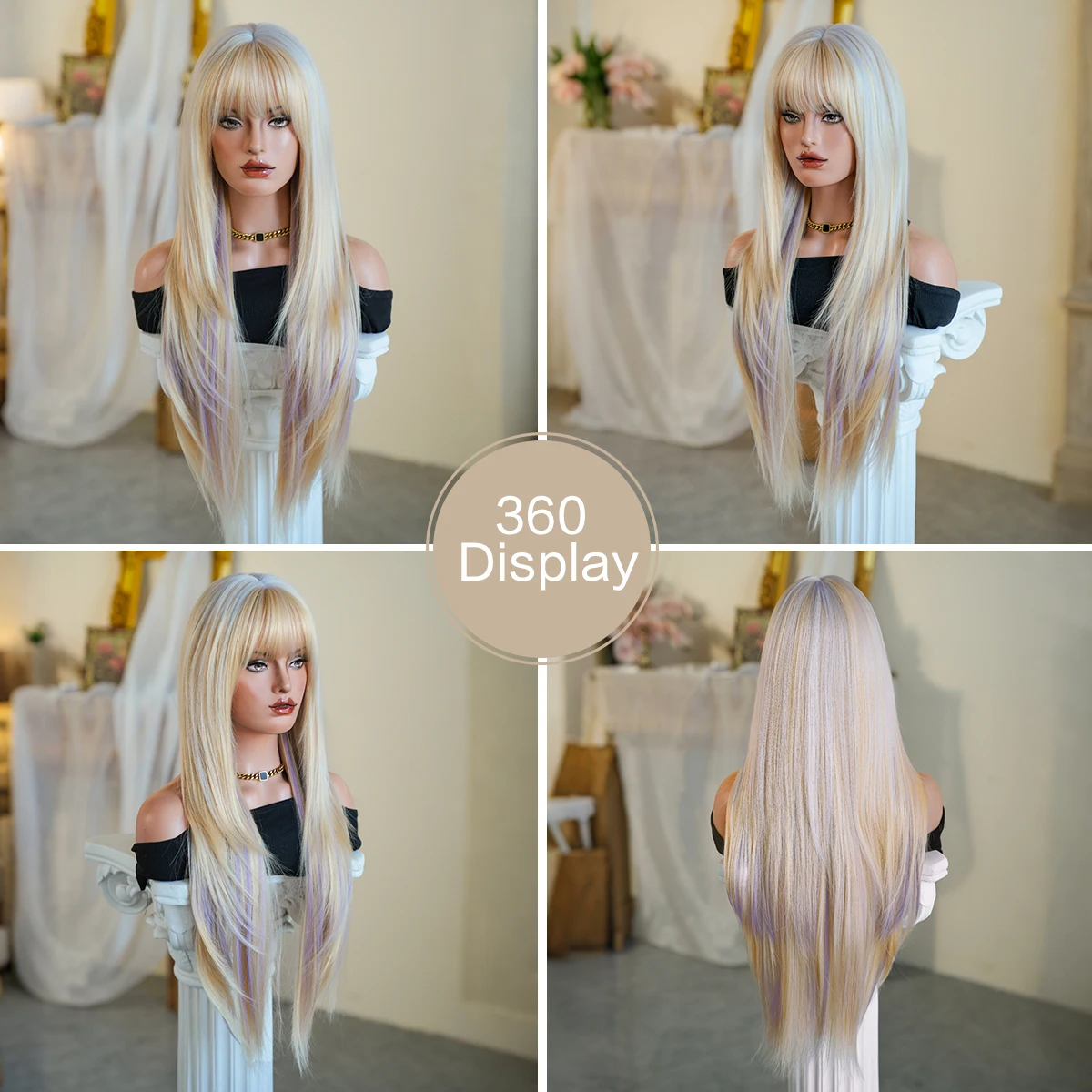 7JHH WIGS Long Straight Blonde Highlight Purple Wig for Women Synthetic Modest Fashion Wear and Go Colourful Wigs with Neat Bang - view 5