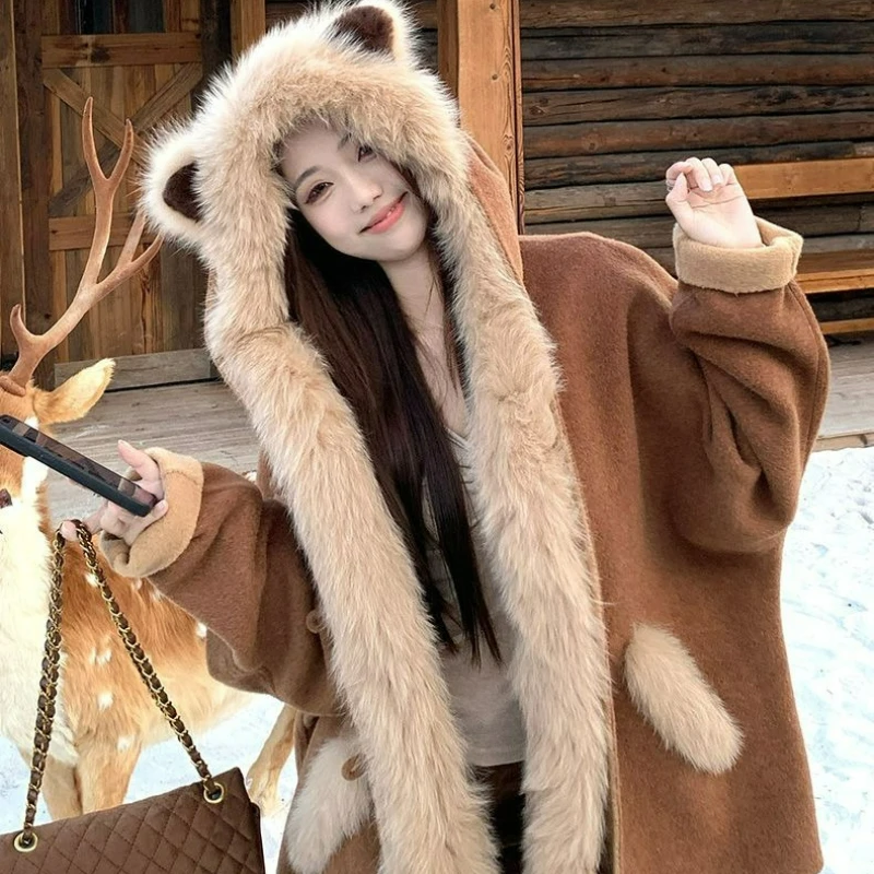 

Sweet Youthful Cute Fashionable Mid-length Woolen Coat for Women 2026 Autumn/Winter New Style Faux Lambskin Double-sided Coat