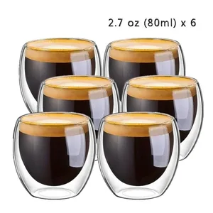 6 piezas, tazas de café de vidrio de 80 ml, tazas de café de vidrio de pared doble, tazas de café espresso aisladas, copas de chorro de vino en frío, tazas de té 6 mejores ventas de vidrio de bebida fría - №2