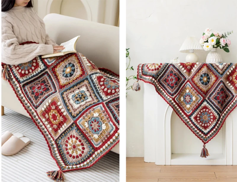 

Handmade Crochet Flower Tile Pattern Square Blanket Multi-functional DIY Sofa/Leisure/Air Conditioning Blanket Customizable