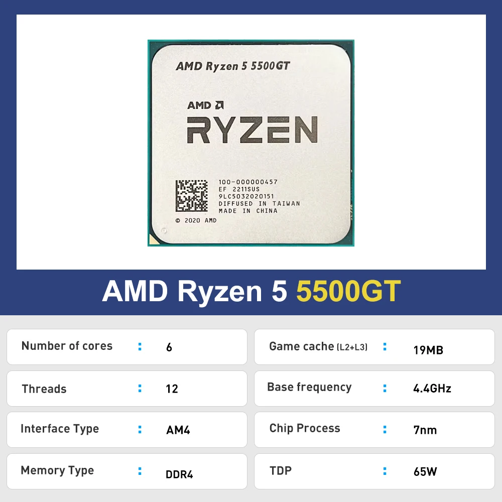 New AMD Ryzen 5 5500GT R5 5500GT 4.4 GHz 6-Core 12-Thread 7NM DDR4 Socket AM4 CPU Integrated Graphics Vega 7 1900MHz but no fan