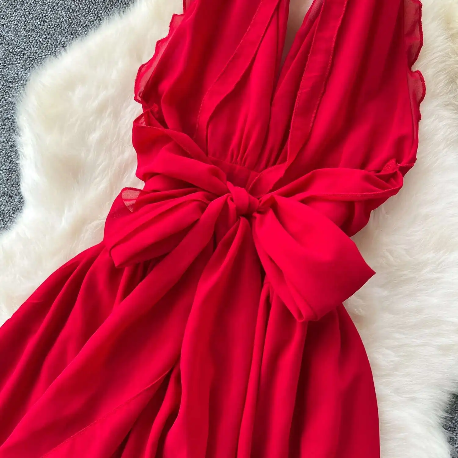 Frauen Sexy Chiffon Kleid Sommer V-ausschnitt Hängenden Hals Backless Split Strand Kleider Damen Schlank A-line Vintage Boho Lange Robe