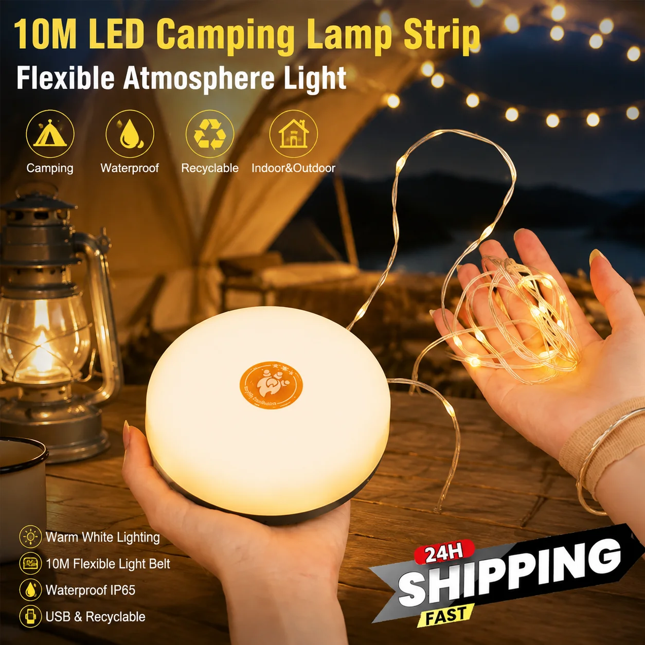 10m Led Camping Lantern String Light, Portable Rechargeable Atmosphere Outdoor Tent Patio Garden Decor